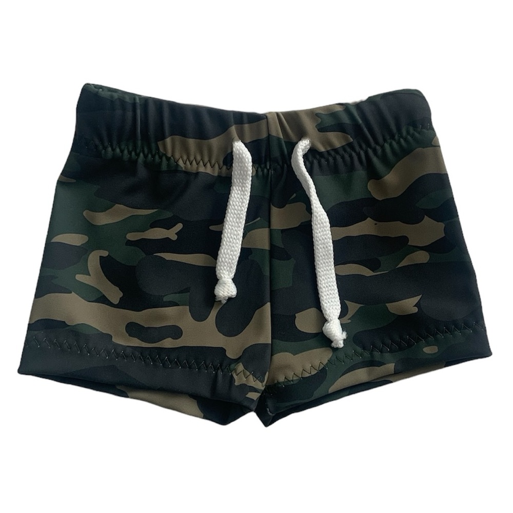Baby Boy Green Camo Print Euro-Style Swim Trunks